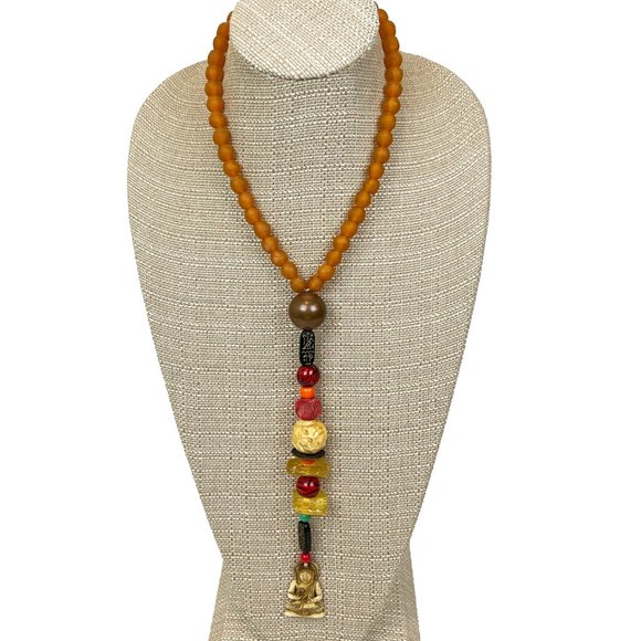 Handcarved Sitting Buddha, Ojime w/ Amber, Cartouche, Wood, Glass Beads & more - Picture 1 of 5